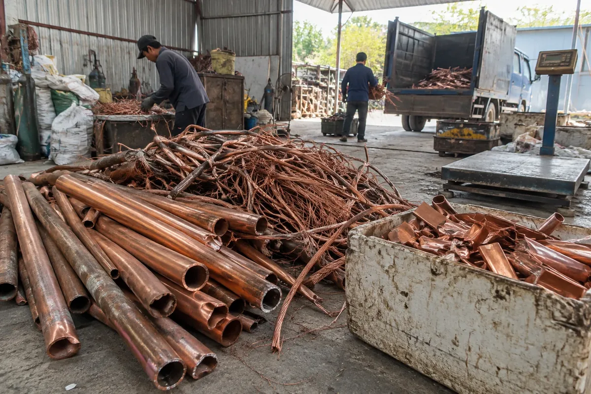 Ảnh minh họa: ống đồng và dây đồng cũ bó lại cạnh thùng chứa và bàn cân