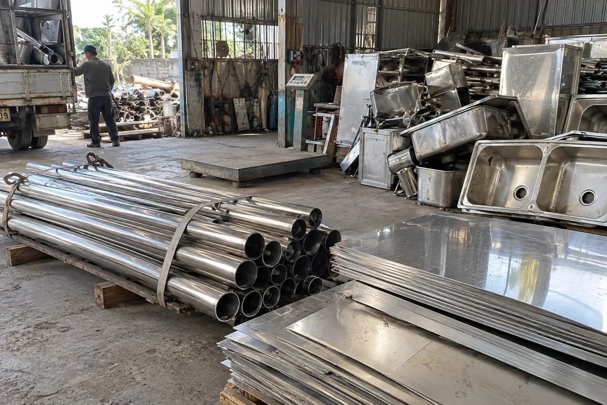 Ảnh minh họa: ống inox bó lại, tấm inox và chậu rửa inox cũ xếp trong bãi thu mua